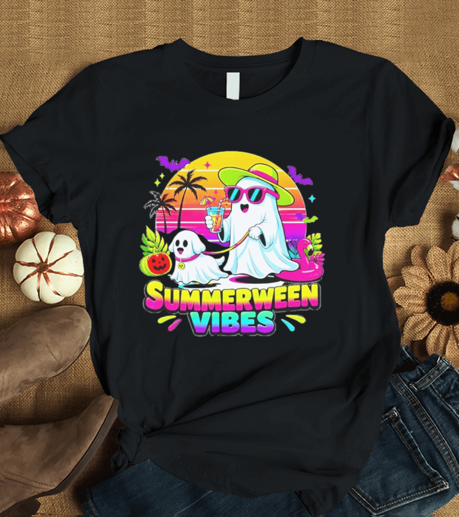 Summerween Vibes Ghost Walking Dog Retro Sunset Tropical Beach Party T-Shirt