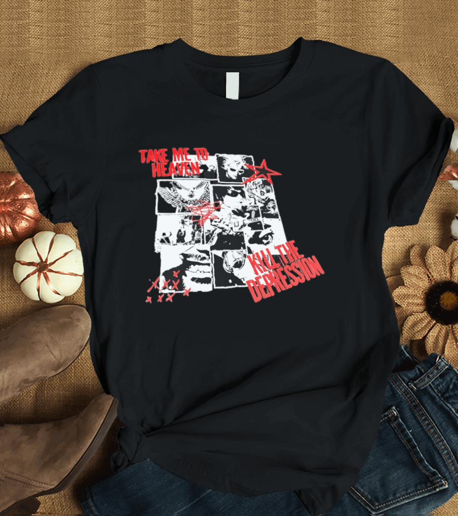 Take Me To Heaven Kill The Depression Kurt Cobain Nirvana Punk Rock Concert Collage T-Shirt
