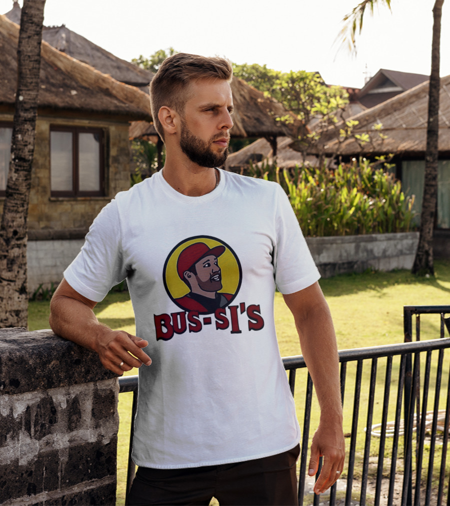 Bus Si's Baseball Player Cartoon Logo Design White T-Shirt