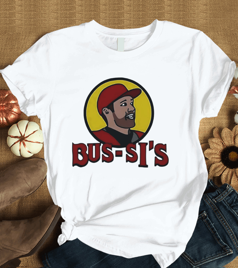 Bus Si's Baseball Player Cartoon Logo Design White T-Shirt