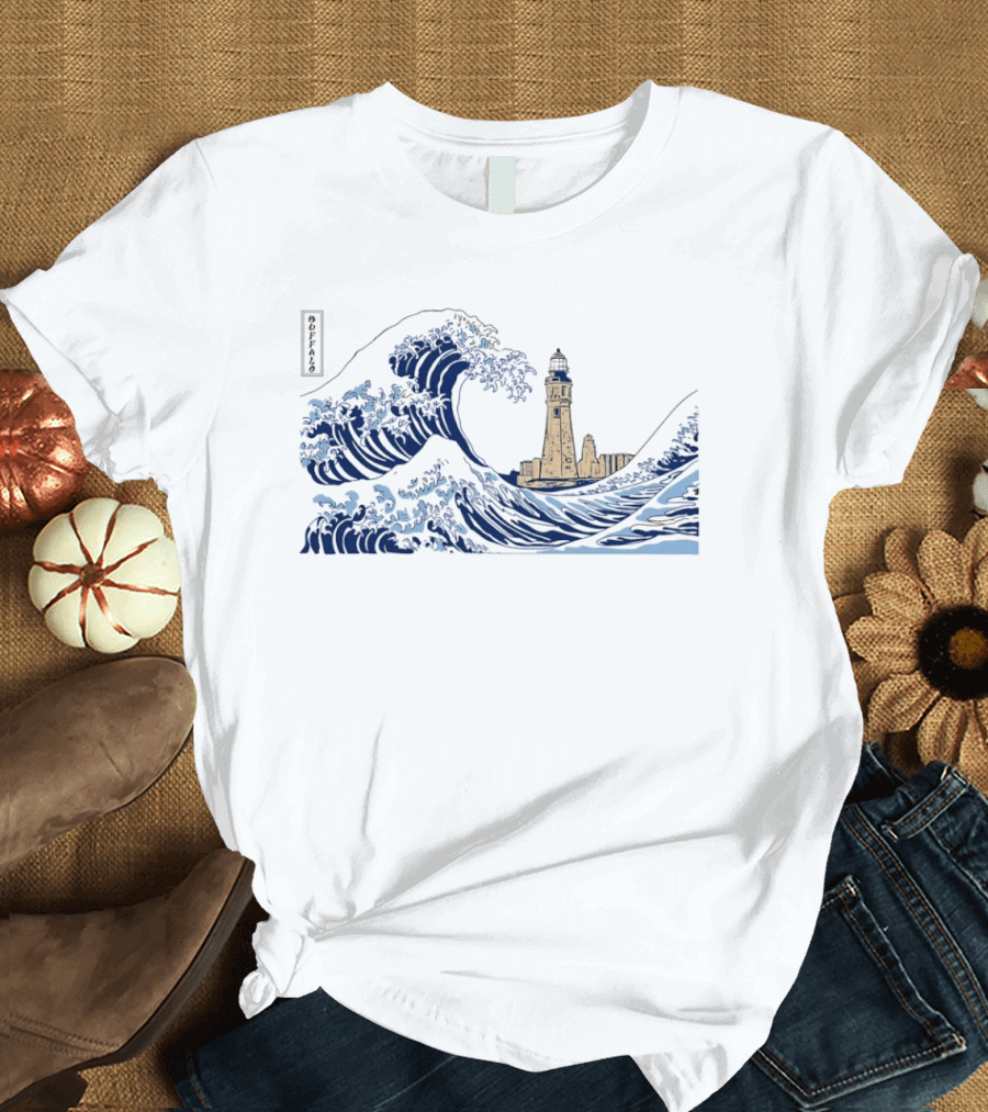 Great Wave Off Buffalo Lighthouse Print T-Shirt