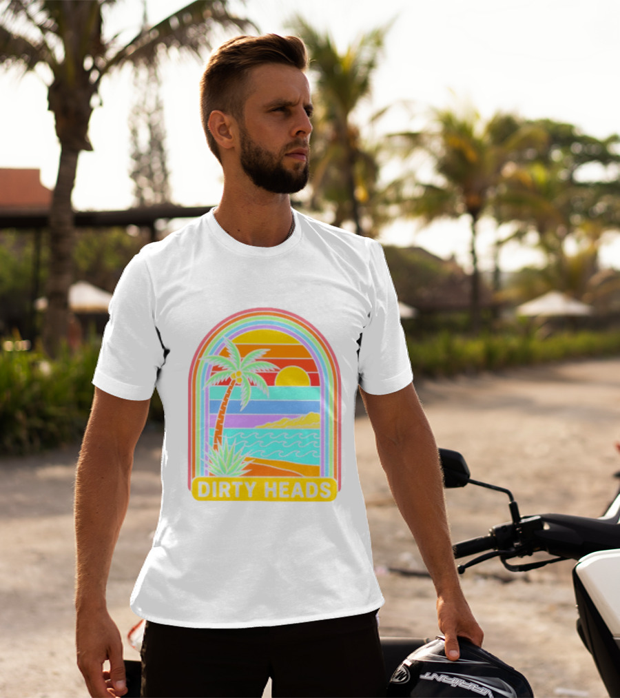 Dirty Heads Tropical Beach Palm Tree Rainbow Arch Sunset T-Shirt