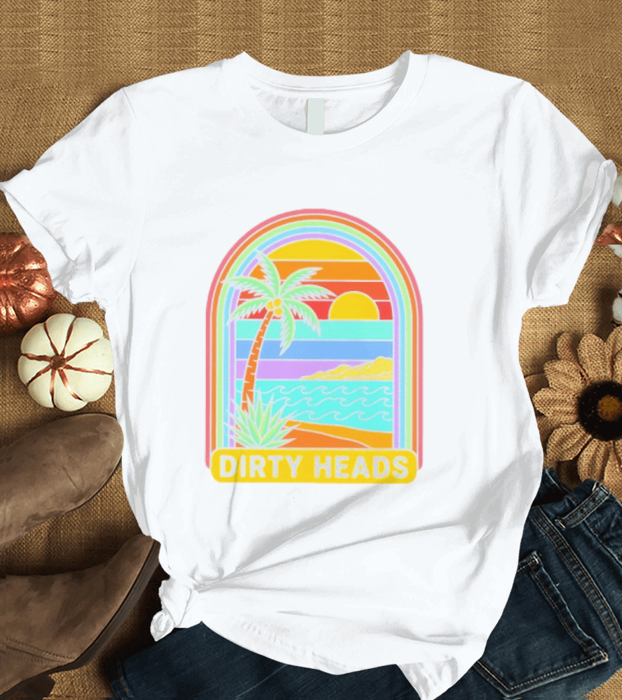 Dirty Heads Tropical Beach Palm Tree Rainbow Arch Sunset T-Shirt