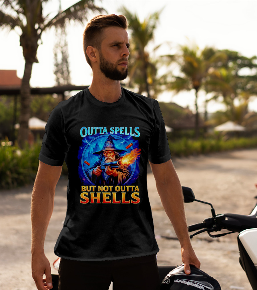 Outta Spells But Not Outta Shells Wizard With Gun Fantasy Humor T-Shirt
