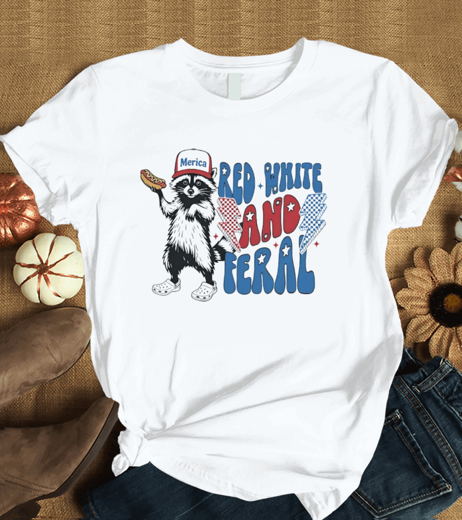 Red White And Feral Raccoon Hotdog Merica Cap Lightning Bolts Patriotic T-Shirt