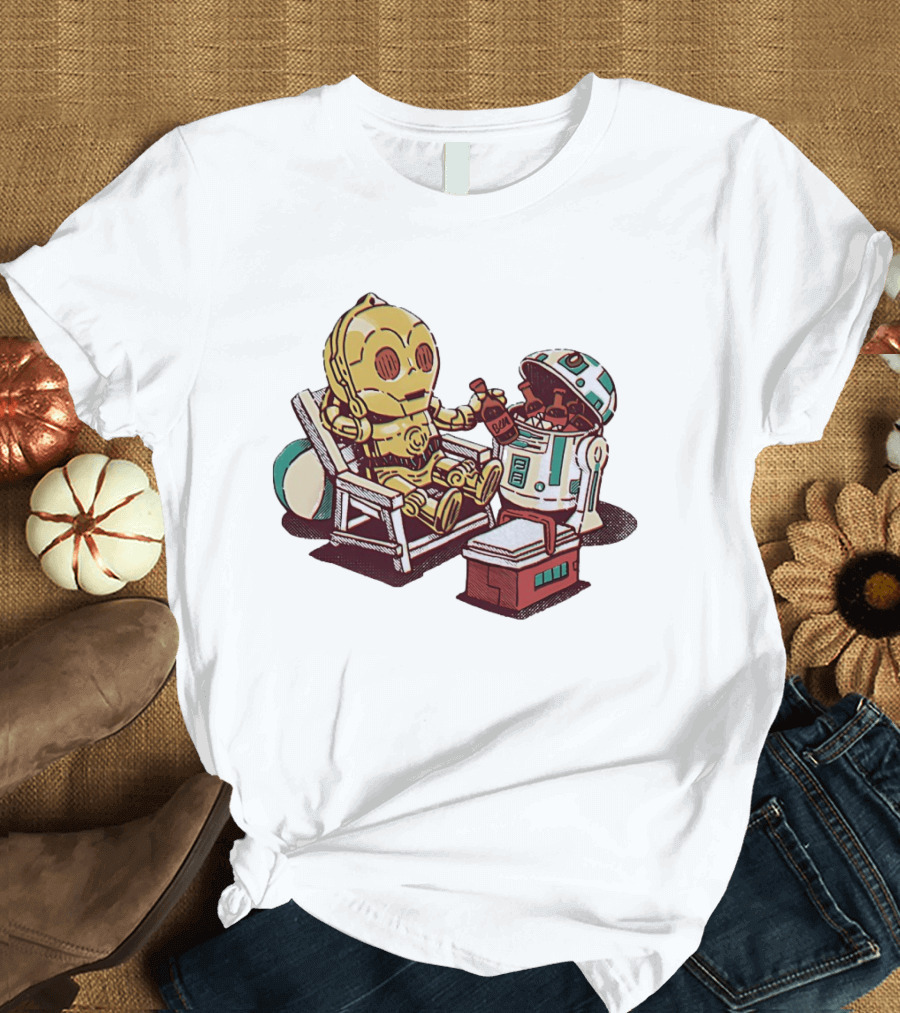 Stay Buddy Two Robots Relaxing Beach Chair Sci Fi Humor T-Shirt