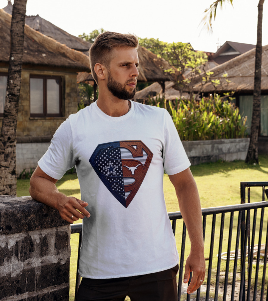 Dallas Cowboys Texas Longhorns Superman Shield Split Dual Icon Emblems T-Shirt