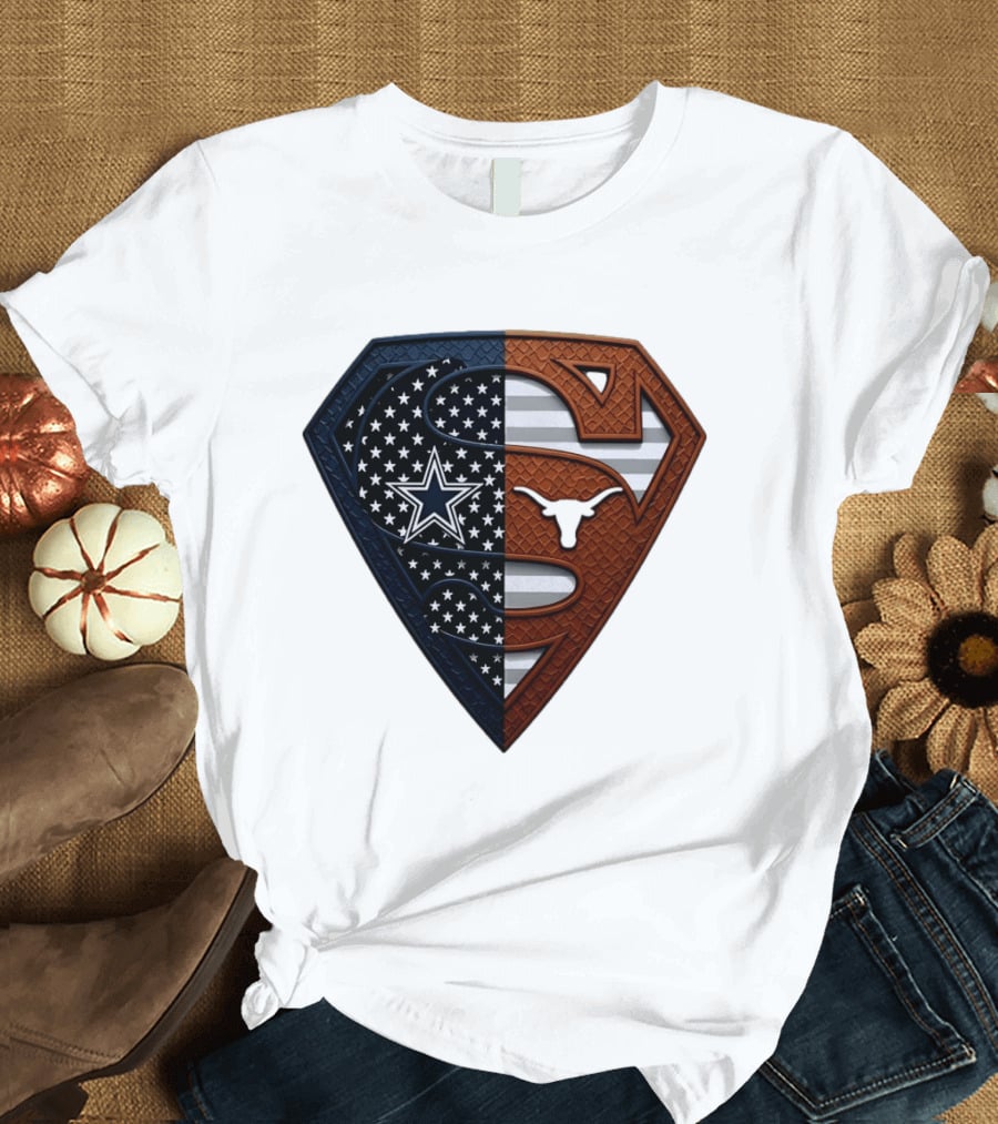 Dallas Cowboys Texas Longhorns Superman Shield Split Dual Icon Emblems T-Shirt