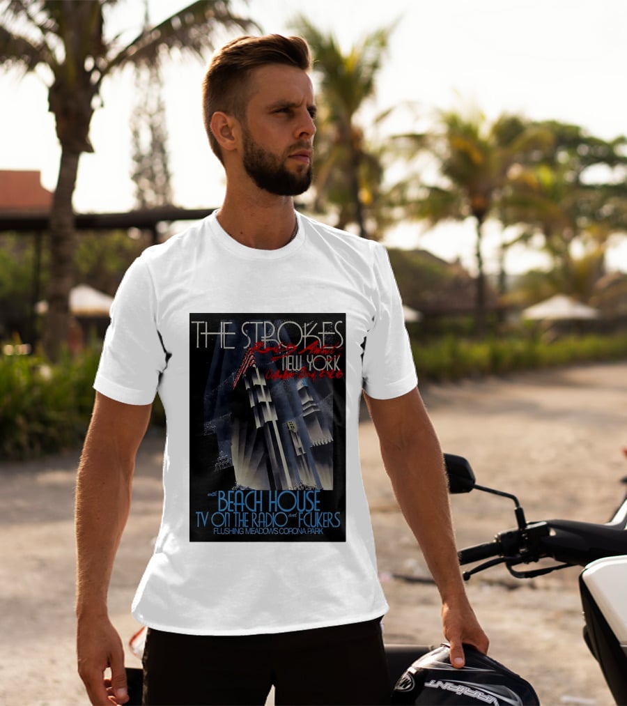 The Strokes New York Concert October 2026 Flushing Meadows Corona Park With Beach House TV On The Radio Fcukers Deco Cityscape T-Shirt