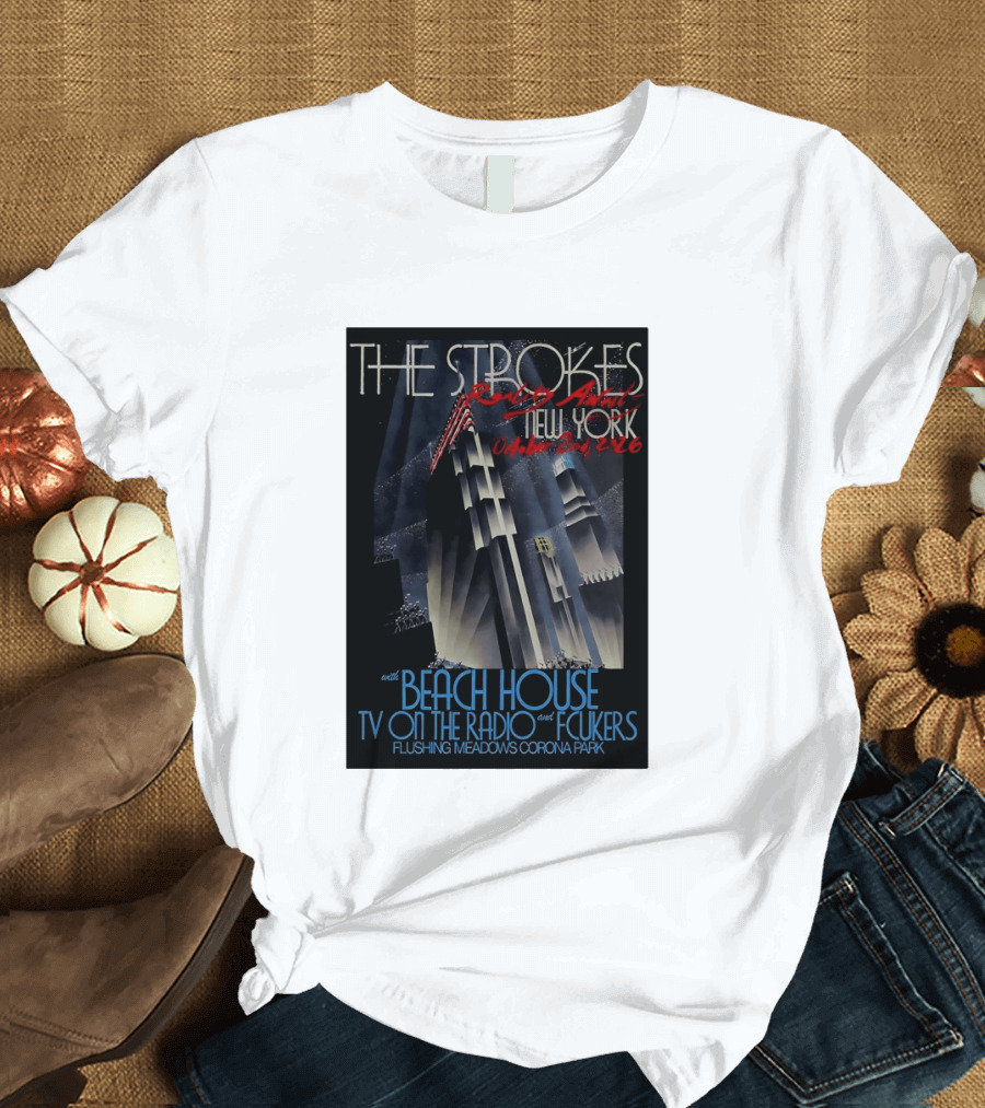 The Strokes New York Concert October 2026 Flushing Meadows Corona Park With Beach House TV On The Radio Fcukers Deco Cityscape T-Shirt