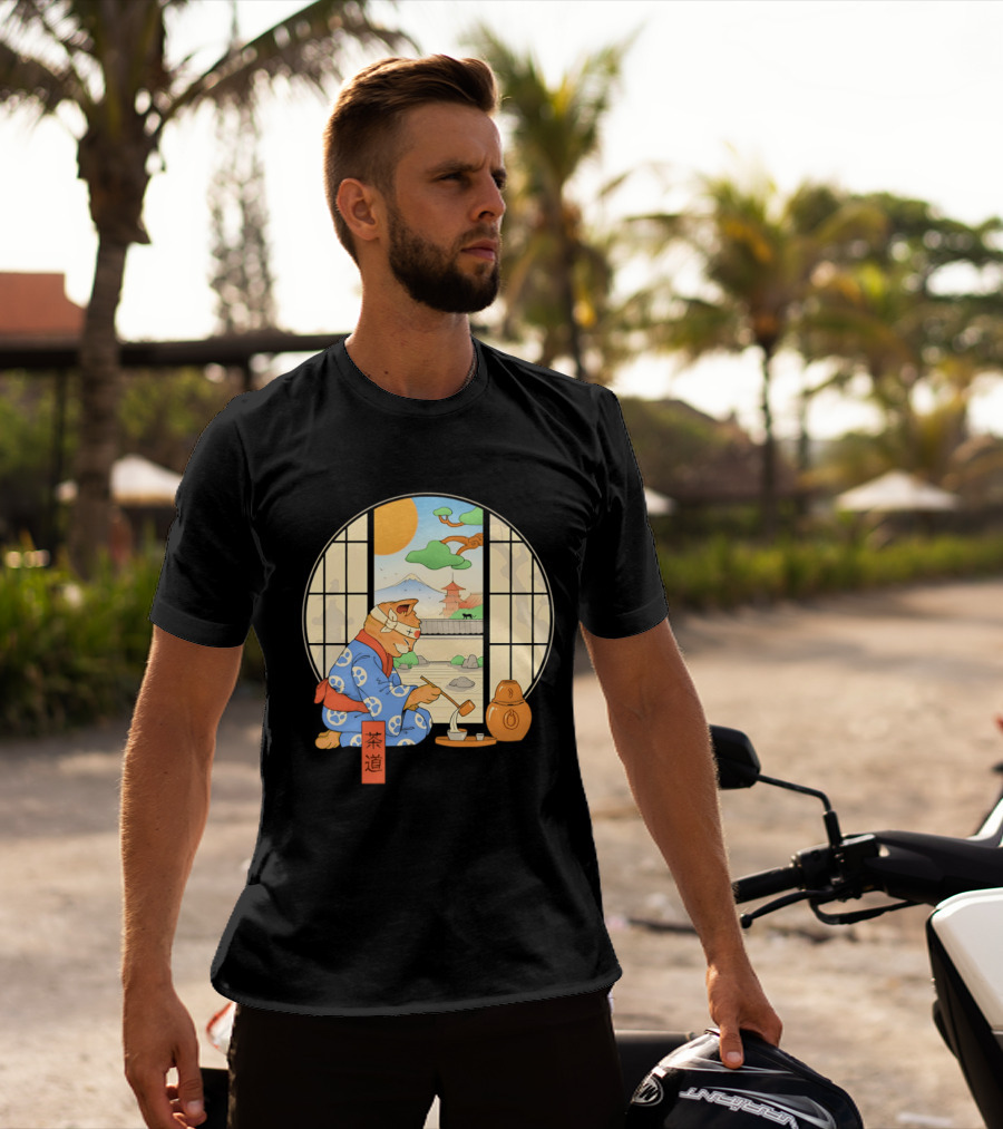 Ukiyo E Style Cat Tea Ceremony With Japanese Landscape T-Shirt