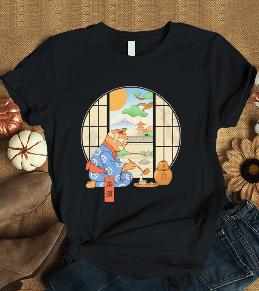 Ukiyo E Style Cat Tea Ceremony With Japanese Landscape T-Shirt