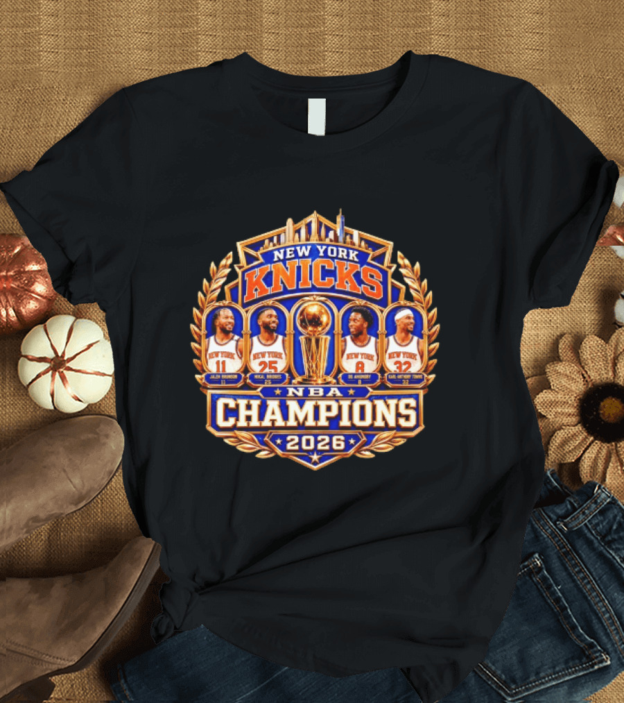 New York Knicks NBA Champions 2026 Jalen Brunson Mikal Bridges OG Anunoby Karl Anthony Towns T-Shirt