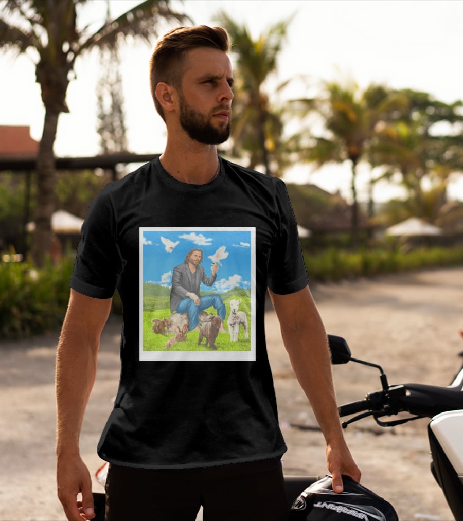 Keanu Reeves Surrounded By Animals In Peaceful Steppe Landscape T-Shirt