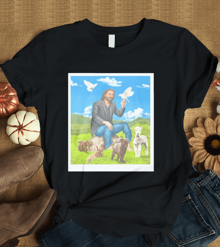 Keanu Reeves Surrounded By Animals In Peaceful Steppe Landscape T-Shirt