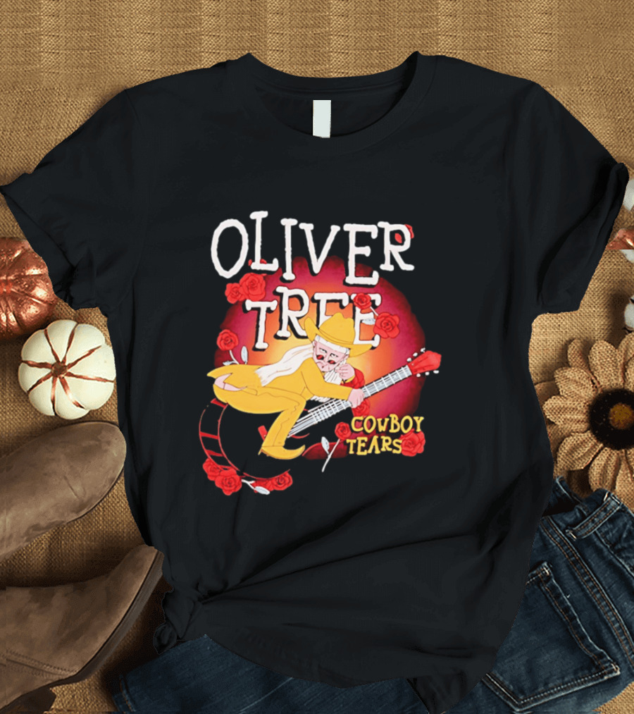 Oliver Tree Cowboy Tears Cartoon Character With Roses And Guitar T-Shirt