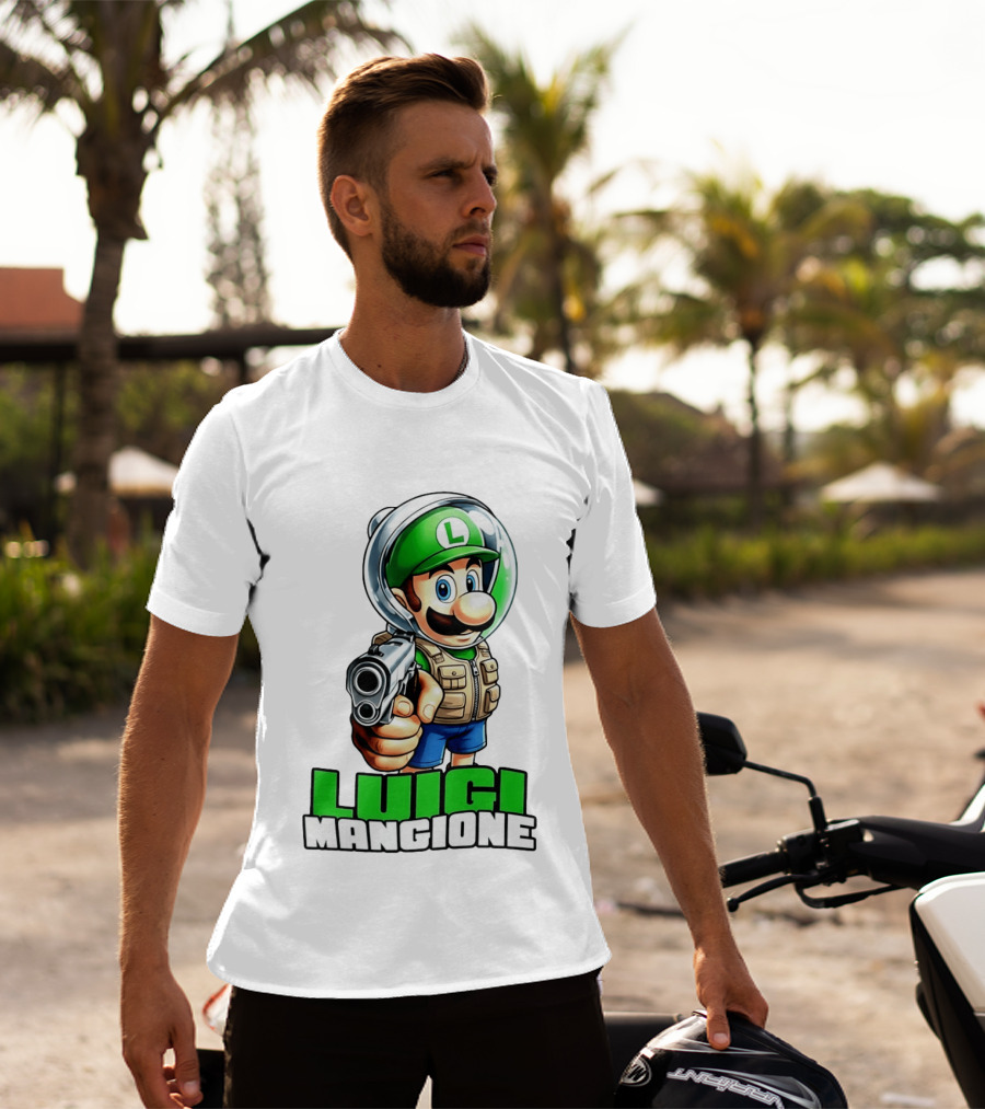 Luigi Mangione Super Mario Green Hat Gun Image T-Shirt