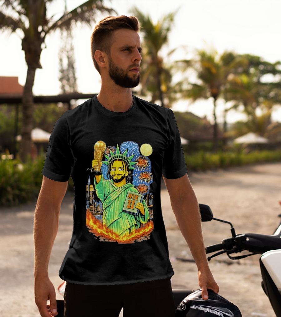 New York Knicks Jalen Brunson As Statue Of Liberty NYK 11 With Trophy And Fireworks T-Shirt