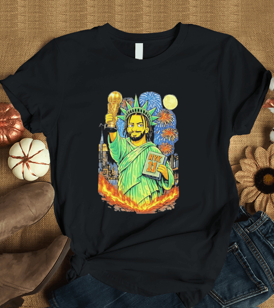 New York Knicks Jalen Brunson As Statue Of Liberty NYK 11 With Trophy And Fireworks T-Shirt