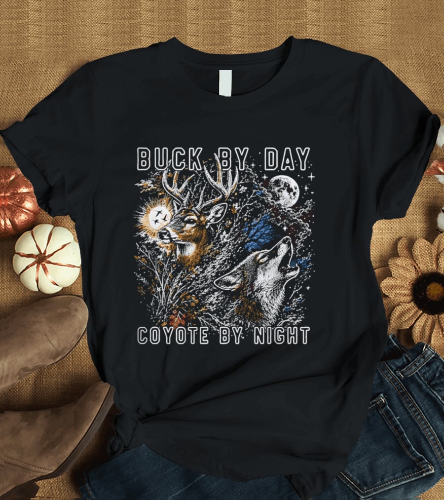 Buck By Day Coyote By Night Deer And Wolf Moon Scene T-Shirt