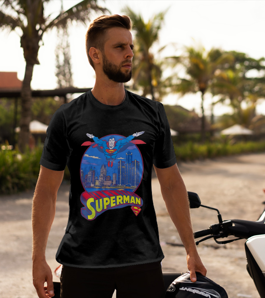 Detroit Superman Jay Towers Motor City Skyline Superman Logo Retro Comic T-Shirt