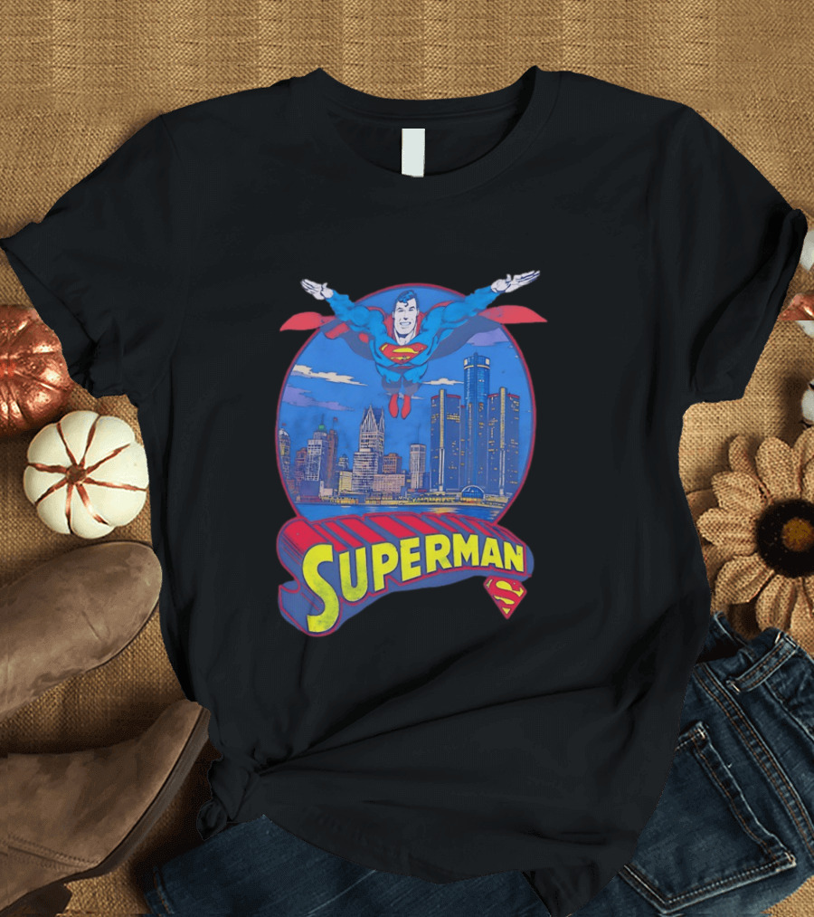 Detroit Superman Jay Towers Motor City Skyline Superman Logo Retro Comic T-Shirt
