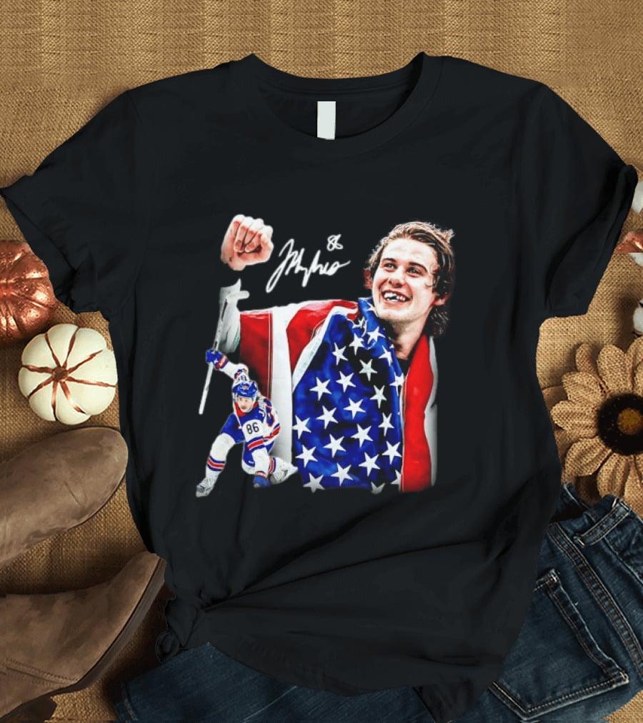 Jack Hughes New Jersey Devils USA Flag 86 Hockey Celebration T-Shirt