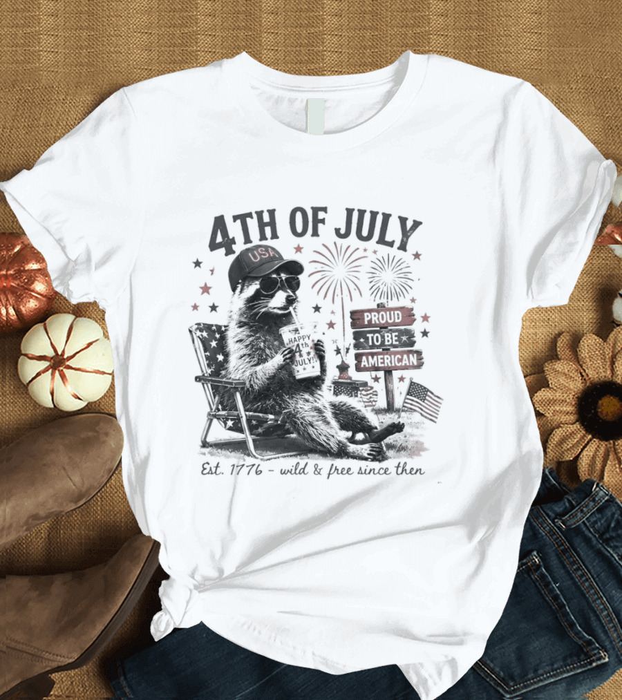 4th Of July Raccoon USA Hat Sunglasses Proud To Be American Est 1776 T-Shirt