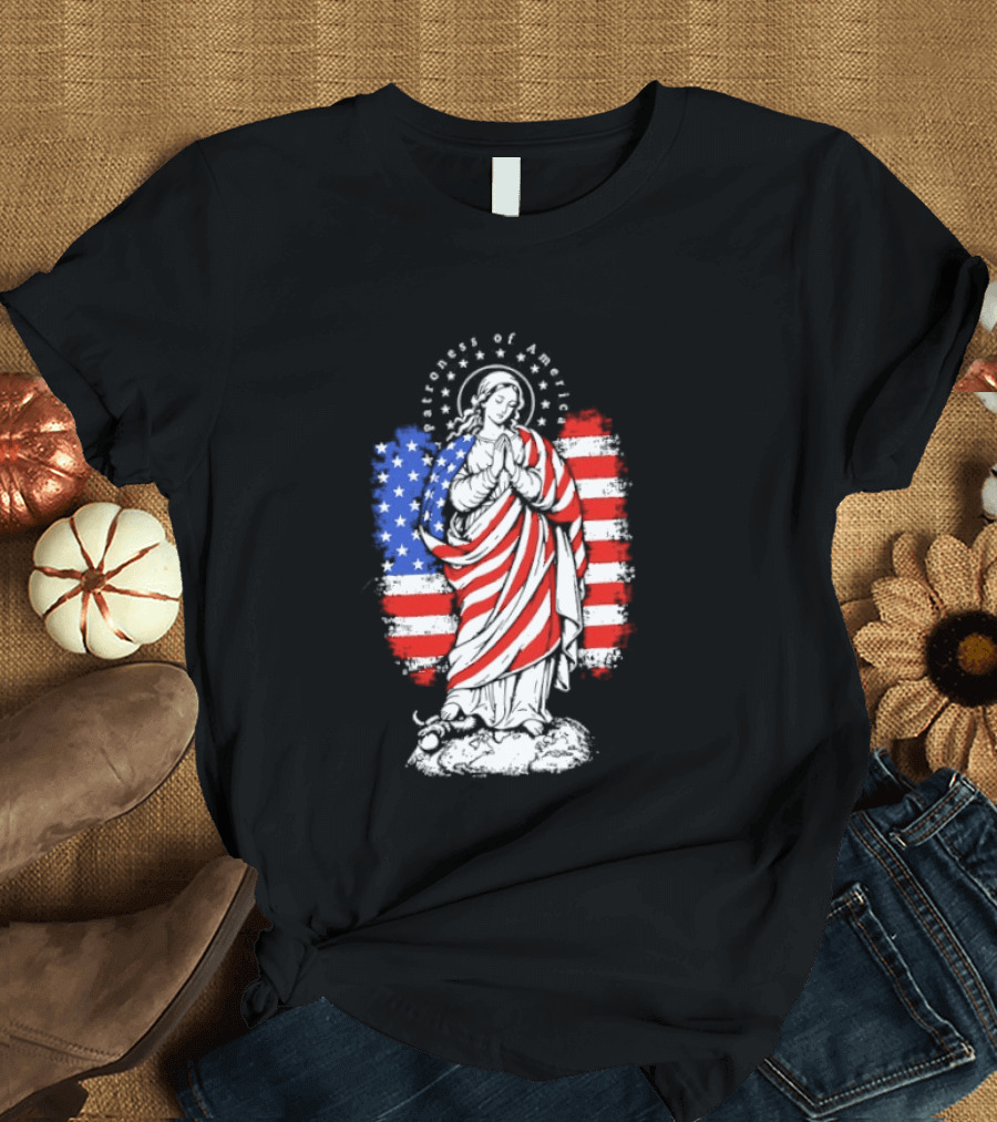 Blessed Virgin Mary Patroness Of The USA With American Flag Colors Catholic T-Shirt