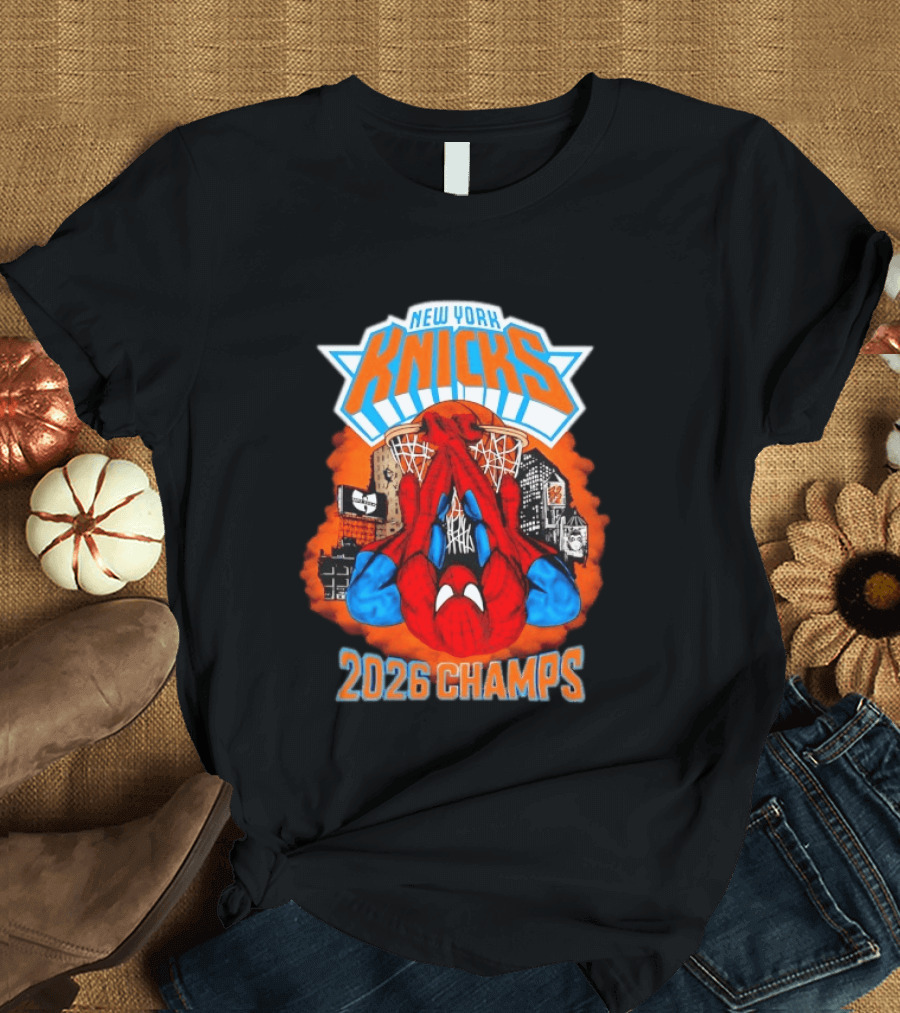 New York Knicks Spider Man 2026 Champs Basketball Celebration T-Shirt