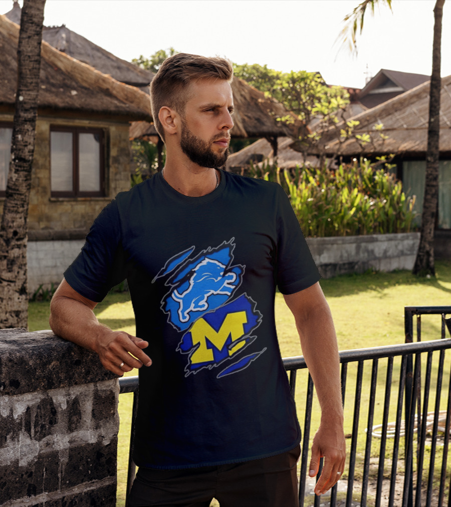Detroit Lions Michigan Wolverines Two Teams One Heart Scratch T-Shirt