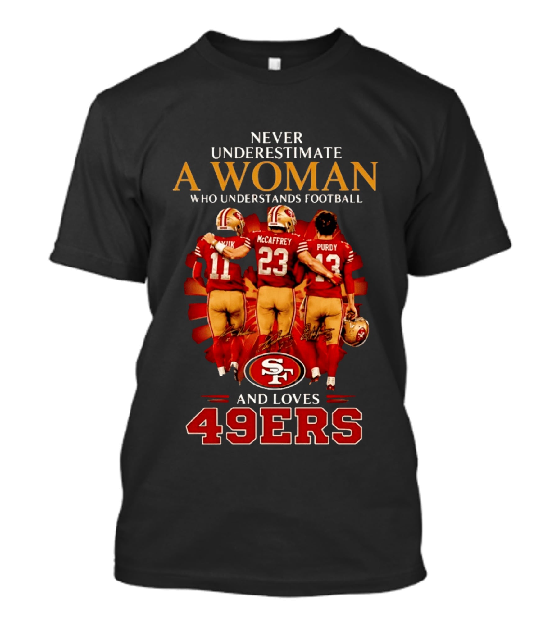 Never Underestimate A Woman Who Understands Football And Loves 49ers McCaffrey Purdy T-Shirt