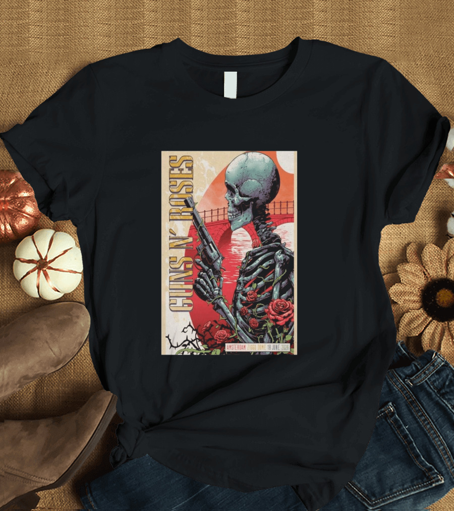 Guns N' Roses Amsterdam 18 June 2026 Ziggo Dome Skeleton With Gun And Roses T-Shirt