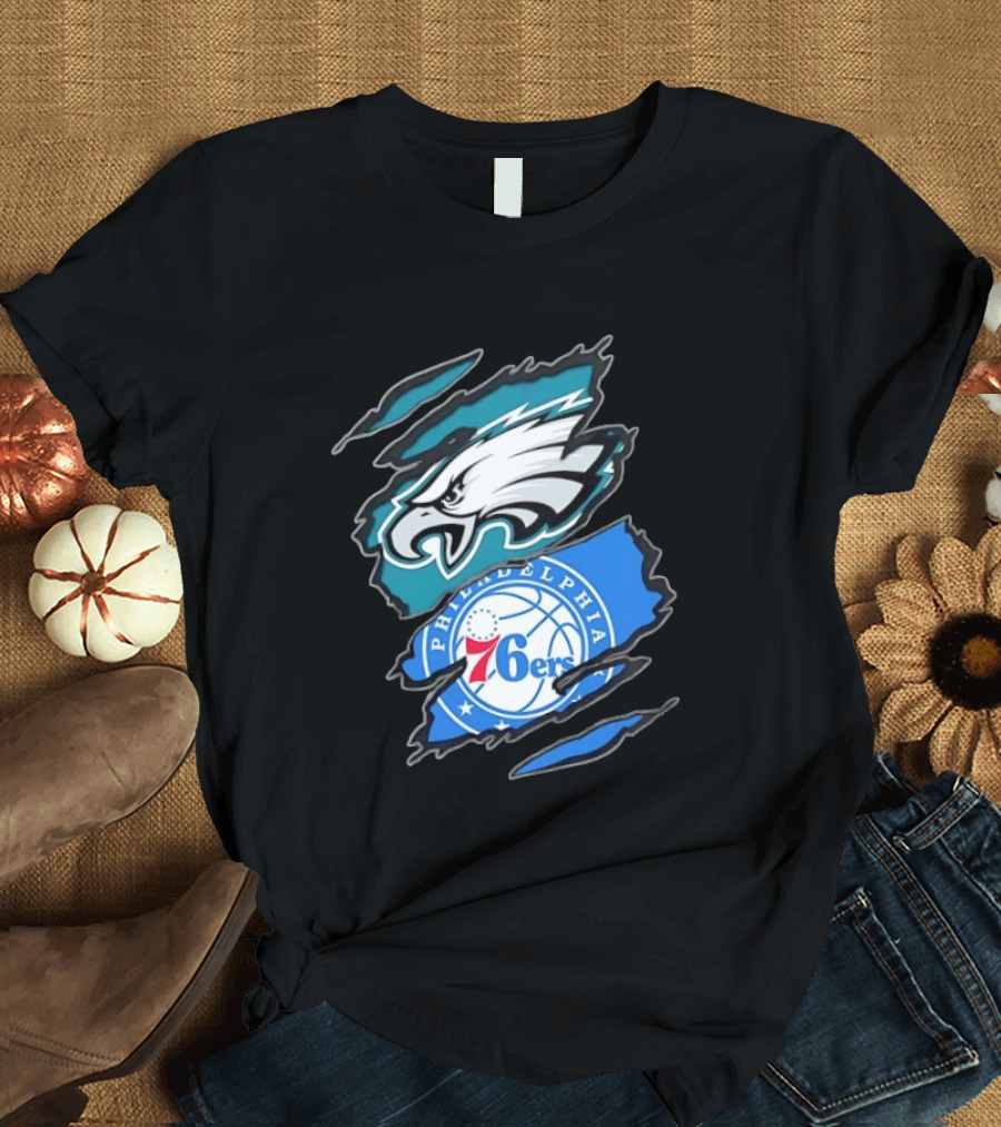 Philadelphia Eagles And Philadelphia 76ers Two Teams One Heart Scratch T-Shirt