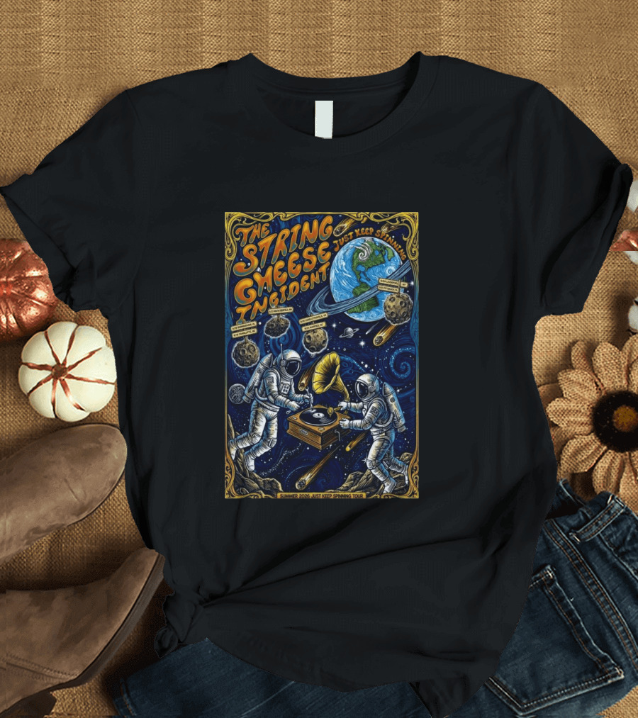 The String Cheese Incident Summer 2026 Just Keep Spinning Tour Astronauts Vinyl Planet T-Shirt