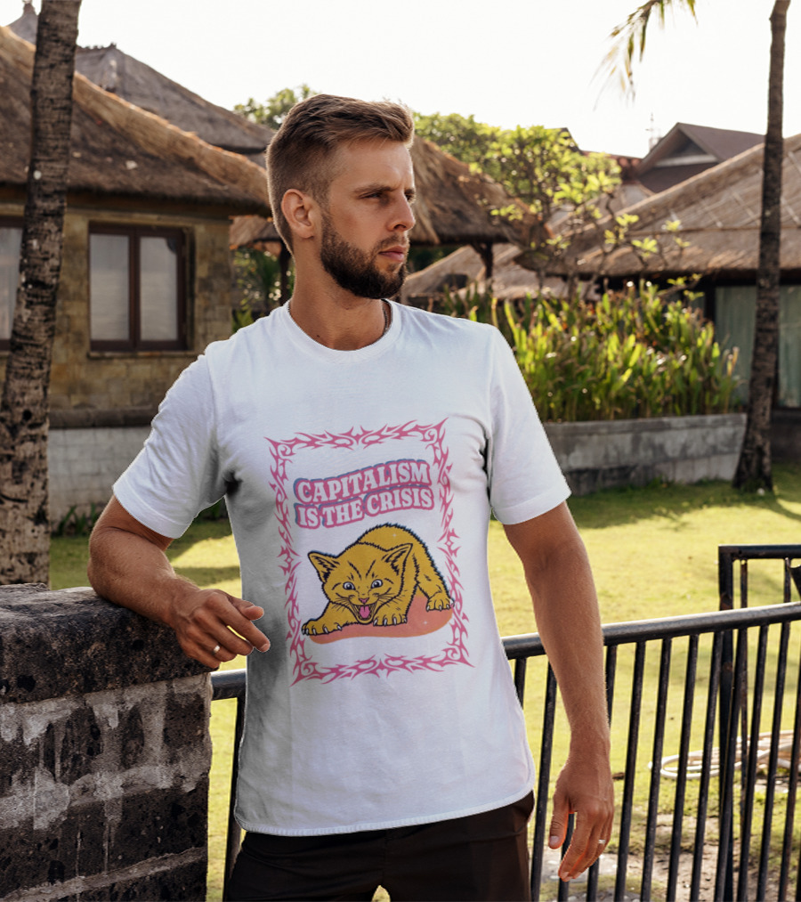 Capitalism Is The Crisis Angry Kitten Bold Text Pink Border T-Shirt