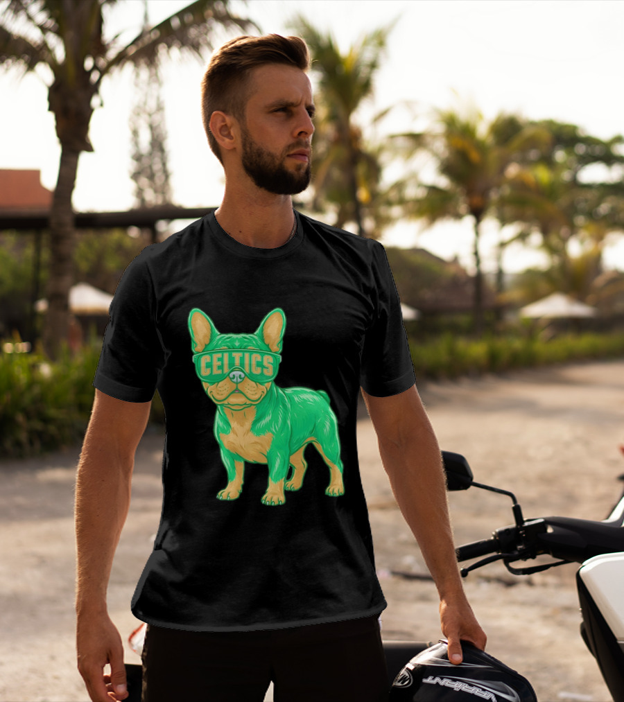 Boston Celtics French Bulldog Wearing Celtics Glasses T-Shirt