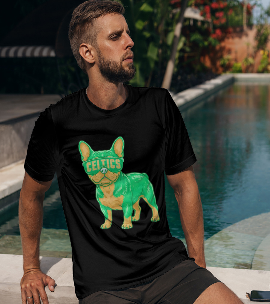 Boston Celtics French Bulldog Wearing Celtics Glasses T-Shirt