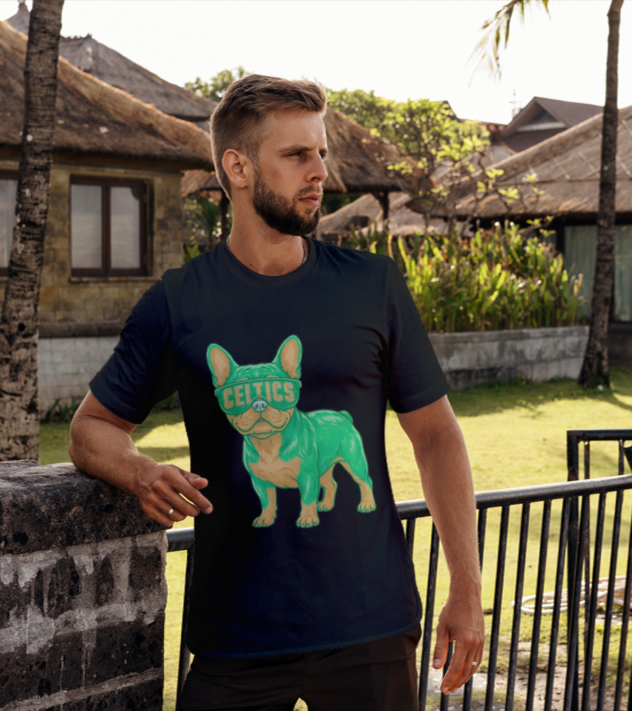 Boston Celtics French Bulldog Wearing Celtics Glasses T-Shirt