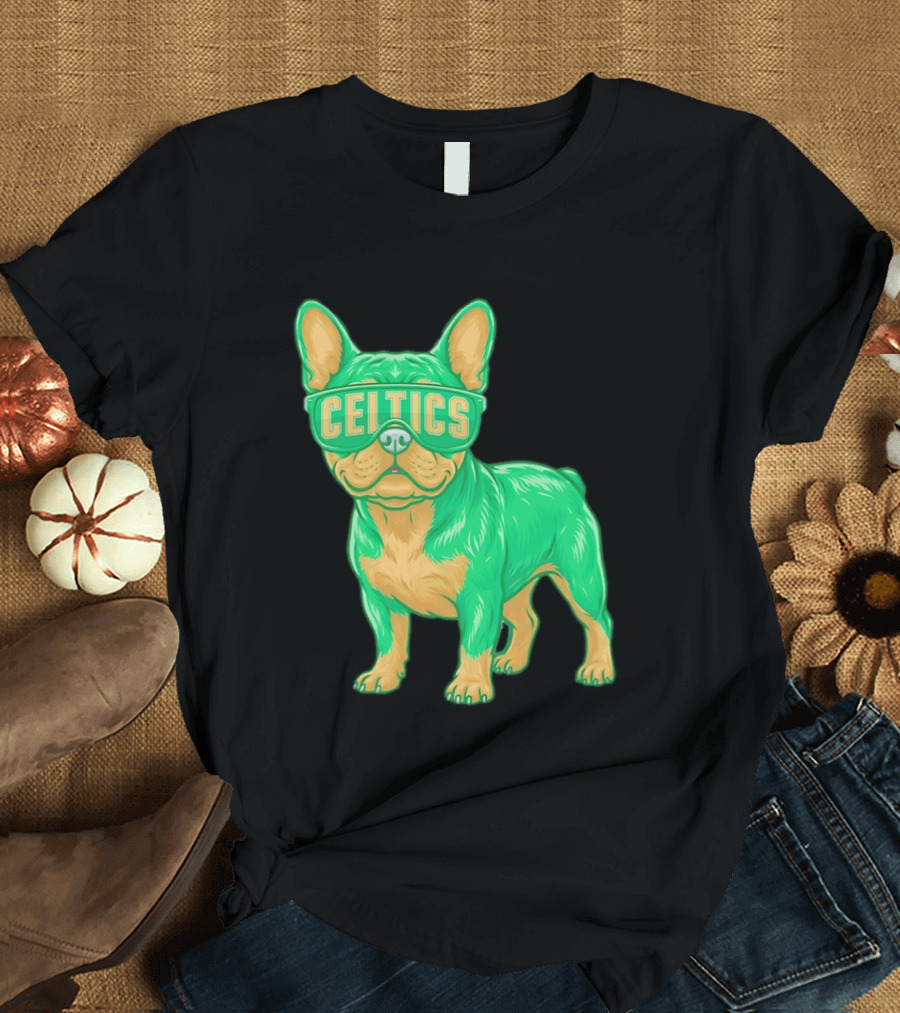Boston Celtics French Bulldog Wearing Celtics Glasses T-Shirt