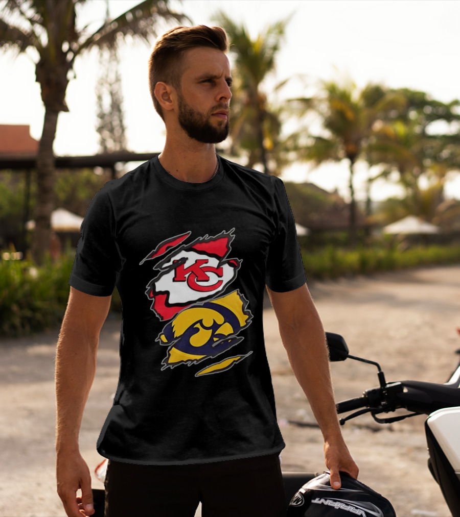Kansas City Chiefs And Iowa Hawkeyes Two Teams One Heart Scratch KC Logo Iowa T-Shirt