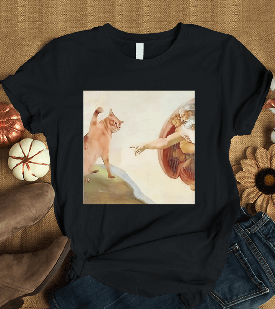 Floppa Meets Creation In Iconic God Touching Fingers Scene T-Shirt