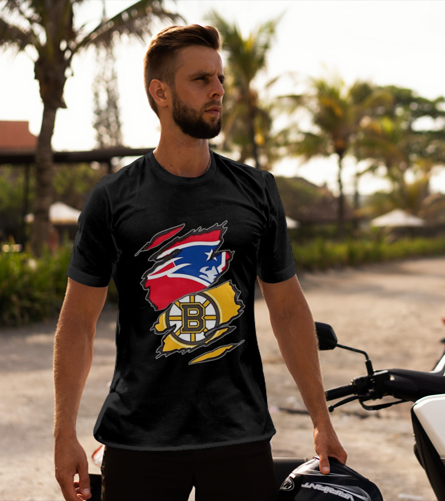 New England Patriots Boston Bruins Two Teams One Heart Scratch NFL NHL Fan T-Shirt