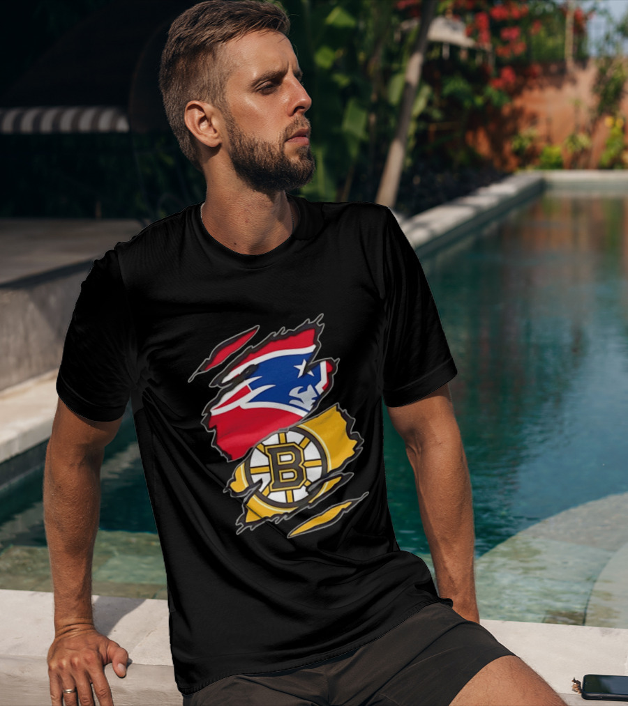 New England Patriots Boston Bruins Two Teams One Heart Scratch NFL NHL Fan T-Shirt