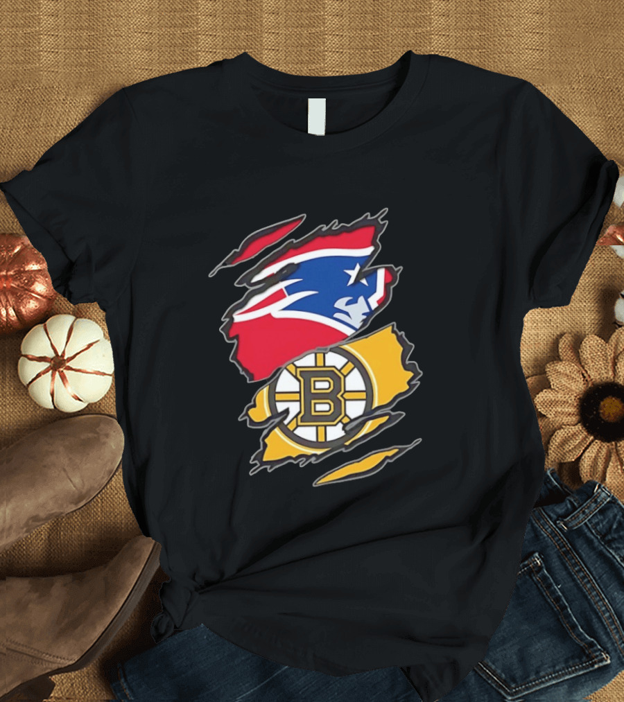 New England Patriots Boston Bruins Two Teams One Heart Scratch NFL NHL Fan T-Shirt