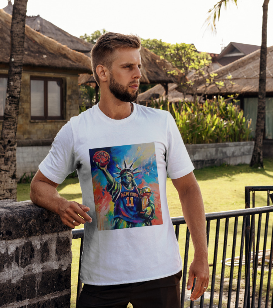 New York Knicks 11 Statue Of Liberty 2026 Champs Trophy Basketball T-Shirt