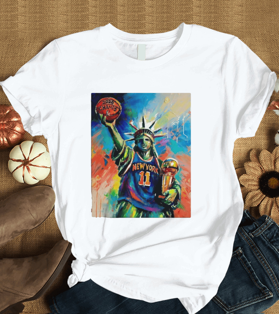 New York Knicks 11 Statue Of Liberty 2026 Champs Trophy Basketball T-Shirt