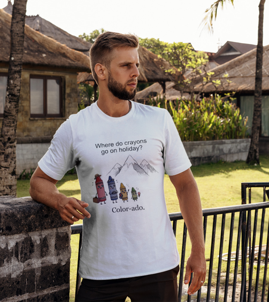 Where Do Crayons Go On Holiday In Color Ado Funny Pun With Crayon Characters And Mountains T-Shirt