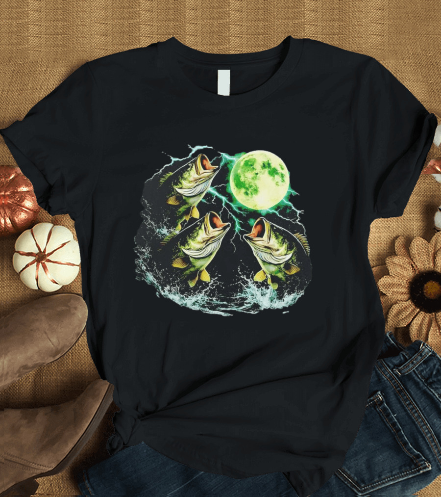 Bass Jumping Full Moon Night Wildlife Nature Scene T-Shirt