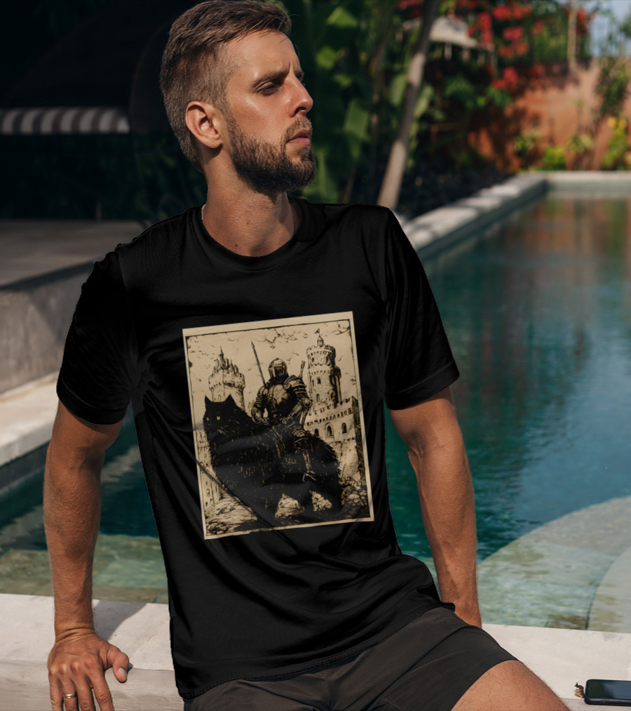 Knight Riding Giant Cat In Medieval Fantasy Castle Scene T-Shirt